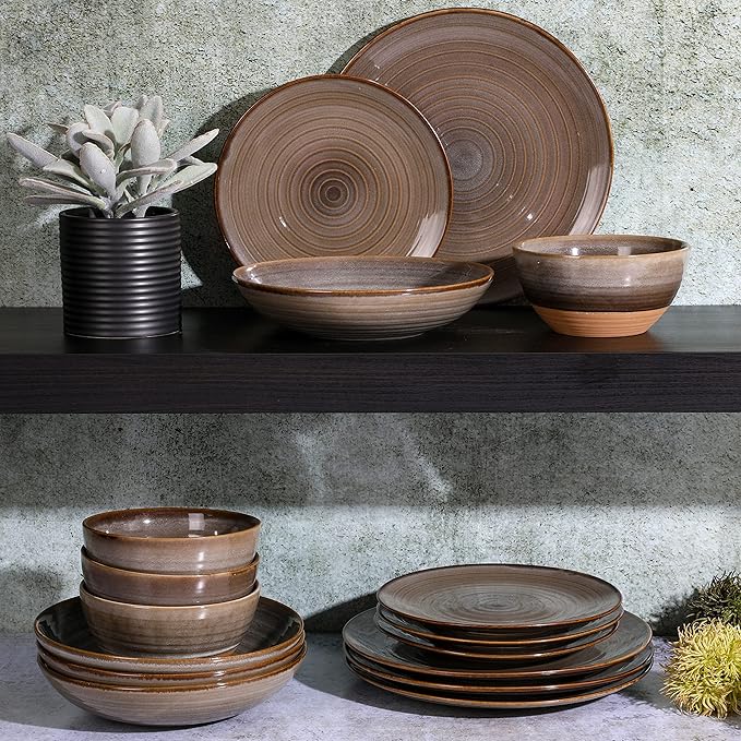 Gibson Elite 16 Piece Dreamweaver Double Bowl Terracotta Reactive Dinnerware Set - Earthy Brown, Service for 4 (16pcs)