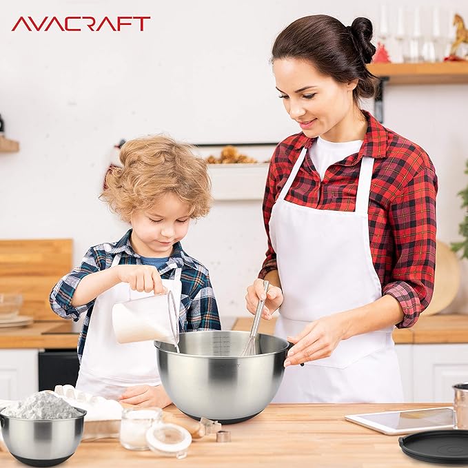 AVACRAFT 18/10 Stainless Steel Mixing Bowls with Lids, non slip silicone base bowls with Handle, Mixing Bowl Set with Pour Spouts & Measurement Marks, Home Essentials Cooking Bowls, (Black)