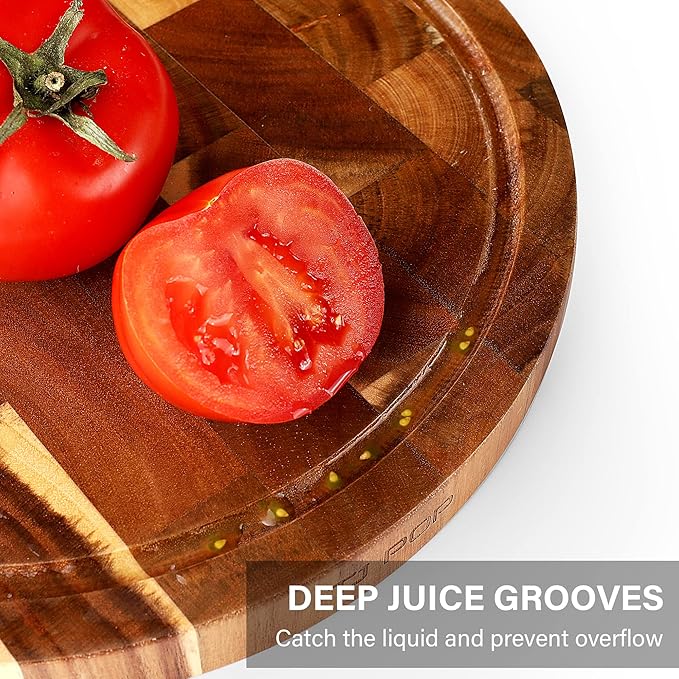 End Grain Butcher Block Round 12 IN, Premium Acacia Wood Cutting Board with Juice Groove, TJ POP Medium Chopping Board for Kitchen, 1 IN Thick