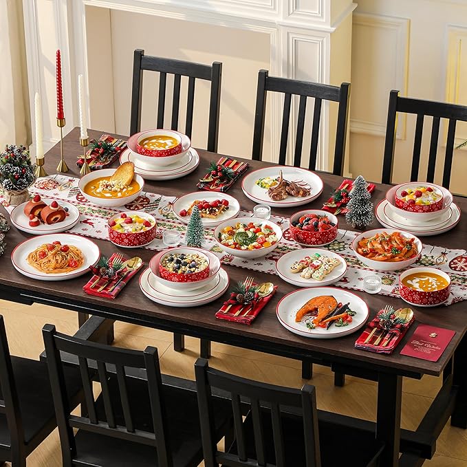 MALACASA Plates and Bowls Sets, 24 Pieces Christmas Porcelain Dinnerware Set for 8, Ceramic Dishware Dishes Kitchen Dining Ware Set, Microwave and Dishwasher Safe, Series LUNA-Christmas Tree