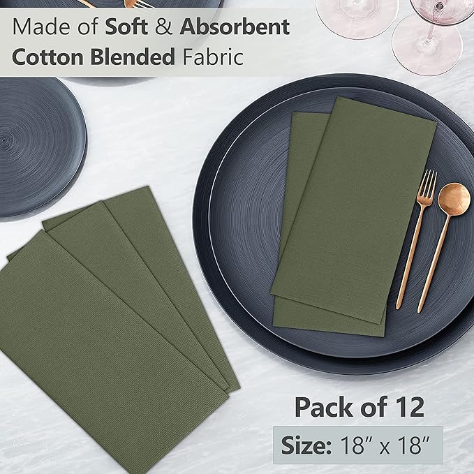 Ruvanti Cloth Napkins set of 12, 18x18 Inches Napkins Cloth Washable, Soft, Durable, Absorbent, Cotton Blend. Table Dinner Napkins Cloth for Hotel, Lunch, Restaurant, Weddings, Parties - Martini Olive