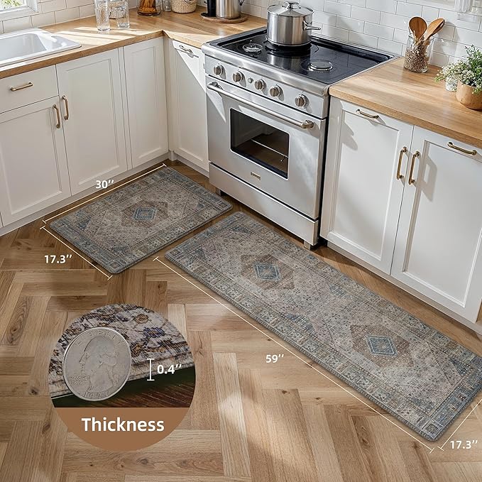 GENIMO Kitchen Mats for Floor 2PCs, Washable Anti Fatigue Mat for Cushioned, 17.3"x59"+17.3"x30", Waterproof Kitchen Rugs, Non Slip Comfort Standing Mat Rug for Home, Sink, Laundry, Brown