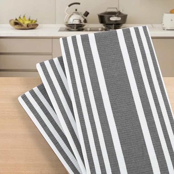 Homaxy Premium Kitchen Towels 18”x 28”, Large Cotton 380 GSM Kitchen Hand Towels, Stripe and Terry Dish Towel, Highly Absorbent Tea Towel Set with Hanging Loop, 6 Pack, Black