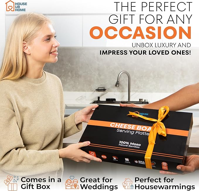 Bamboo Charcuterie Boards Gift Set with Magnetic Removable Side Trays, Fruit Tray, Handles, Cutlery-Ready Box & House Warming Gifts New Home