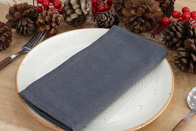 PurpleEssences Set of 12 Cloth Dinner Napkins 100% Cotton 18x18 Inch - Soft Durable Washable - Ideal for Farmhouse Party Christmas Holiday Winter - Perfect Everyday Use Table Linen - Dark Gray