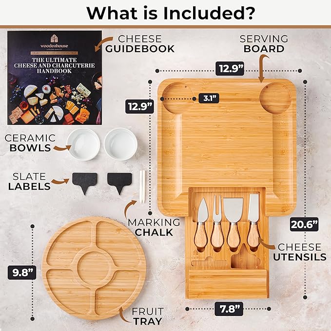 Bamboo Charcuterie Boards Gift Set - Meat and Cheese Tray with Utensils, Fruit Tray, and 2 Sauce Bowls Included - Bamboo Cheese Platter - House Warming Gifts New Home Couples & Family, Wedding Gifts