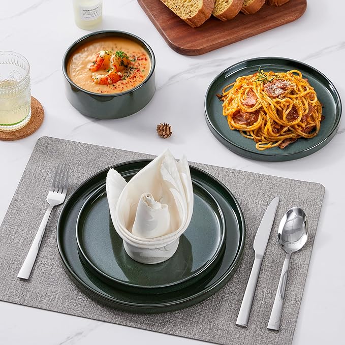 LIANYU Dinnerware Dishes Sets for 8, 24 Piece Stoneware Plates and Bowls Dishware Set, Modern Tableware Includes Ceramic Dinner Salad Plates, Cereal Bowls, Chip & Scratch Resistant, Hunter Green