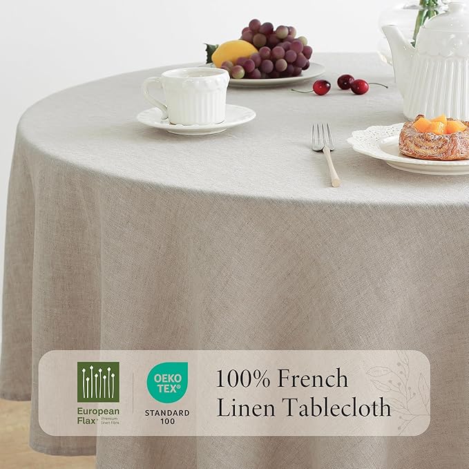 Linen World Linen Tablecloth, 100% French Linen Round Tablecloth 90" Inch, Washable Natural Tablecloth for Dining, Outdoor, Weddings and Restaurants, Decorative Valentine Easter