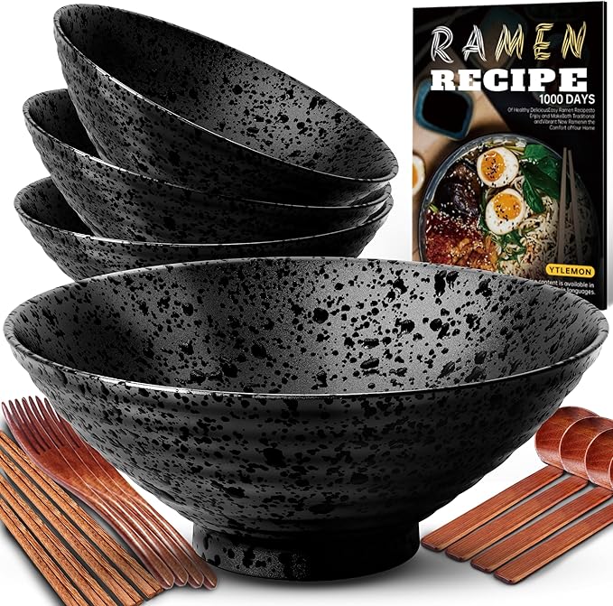 8-Inch Ceramic Ramen Bowl Set of 4 (17 Piece) - Porcelain Japanese Salad Noodles Cereal Fruit Pasta Soup Large Bowls with Recipes Chopsticks Forks Spoons for Men Women Gift Microwave Dishwasher Safe