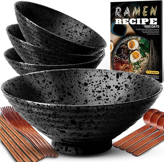 8-Inch Ceramic Ramen Bowl Set of 4 (17 Piece) - Porcelain Japanese Salad Noodles Cereal Fruit Pasta Soup Large Bowls with Recipes Chopsticks Forks Spoons for Men Women Gift Microwave Dishwasher Safe