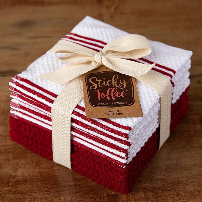 Sticky Toffee Cotton Dishcloths Set of 8 – Red and White Dish Towels 12x12 in, Reusable and Absorbent Tea Towels for Cleaning or Drying, Oeko-Tex Cotton