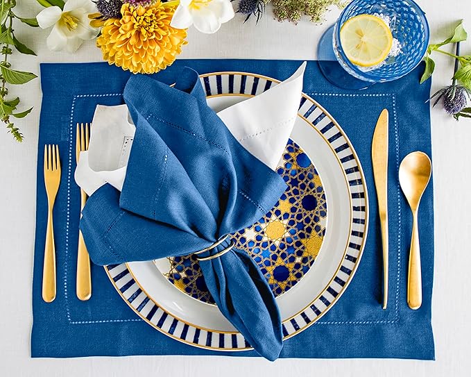 Solino Home Linen Placemats Set of 4 - Classic Hemstitch Indigo Blue Placemats 14 x 19 Inch - 100% Pure Linen Table Mats for Fall, Autumn, Christmas, Holiday, Winter