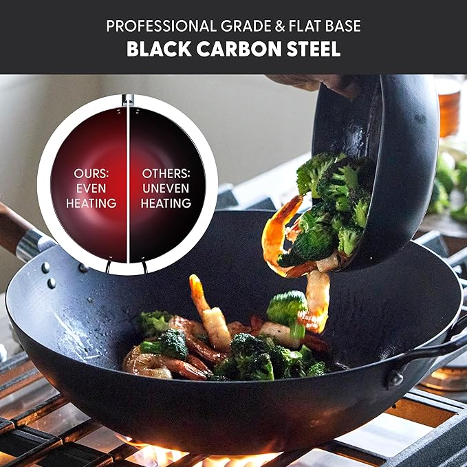 GreenPan Carbon Steel Wok 14”, Flat Bottom, Durable Stir-Fry Pan, Pre-Seasoned Ready to Use, High Heat Retention, Induction, Ash Wood Handle, Kyoto, Black