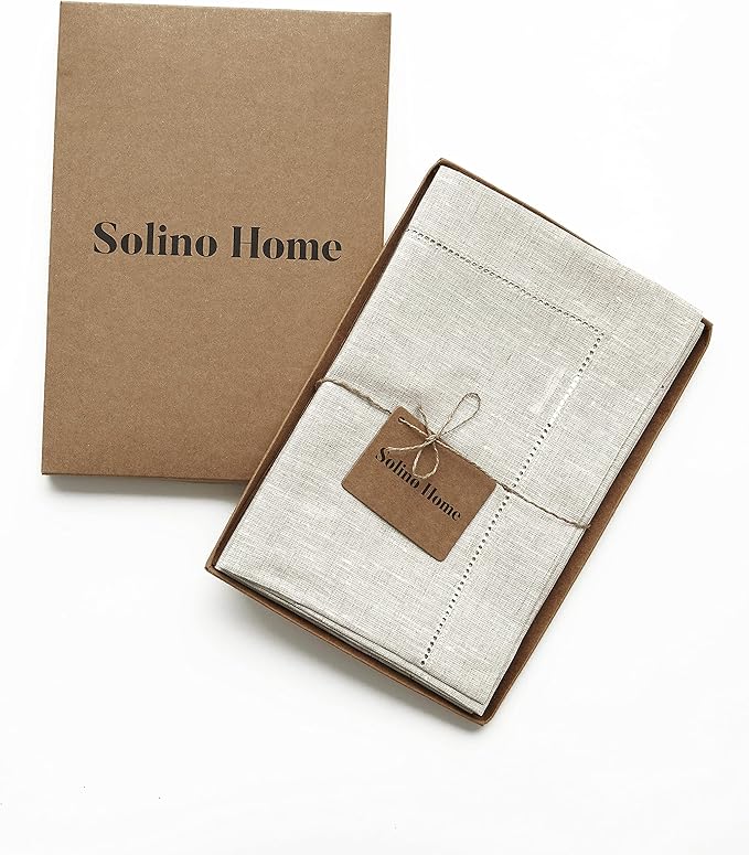 Solino Home Light Natural Linen Napkins Set of 6-100% Pure Linen Hemstitch Dinner Napkins 20 x 20 Inch for Fall, Autumn, Thanksgiving, Christmas, Holiday - Classic Hemstitch