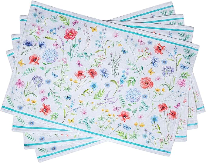 Maison d' Hermine Placemats Set of 4 100% Cotton Washable Cloth Place Mats, Reusable Table Mats for Kitchen Dining Decoration, Party, Wedding, Restaurant Spring/Summer (Just Floral, 13" x 19")