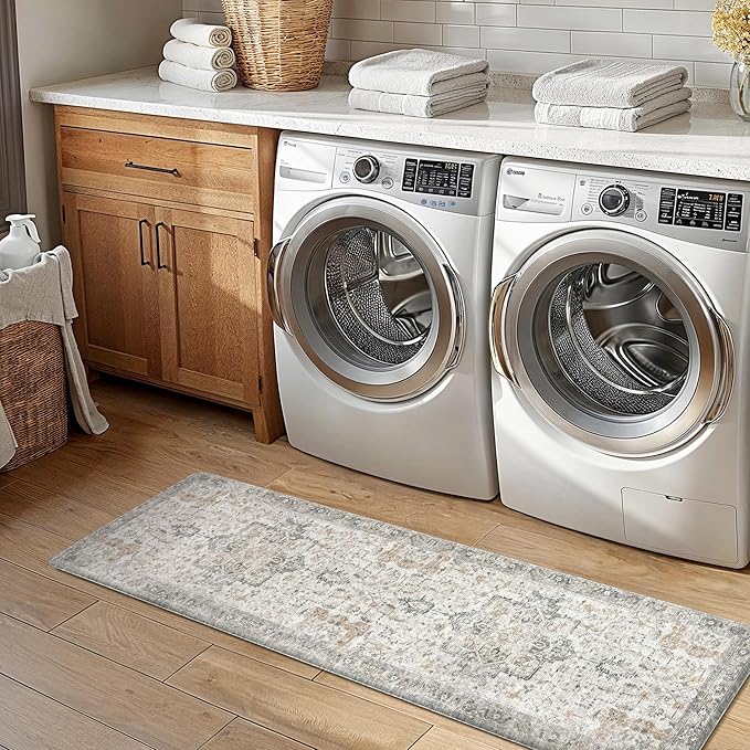 GENIMO Kitchen Mats for Floor 2PCs, Washable Anti Fatigue Mat for Cushioned, 17.3"x59"+17.3"x30", Waterproof Kitchen Rugs, Non Slip Comfort Standing Mat Rug for Home, Sink, Laundry, LightTaupeBrown