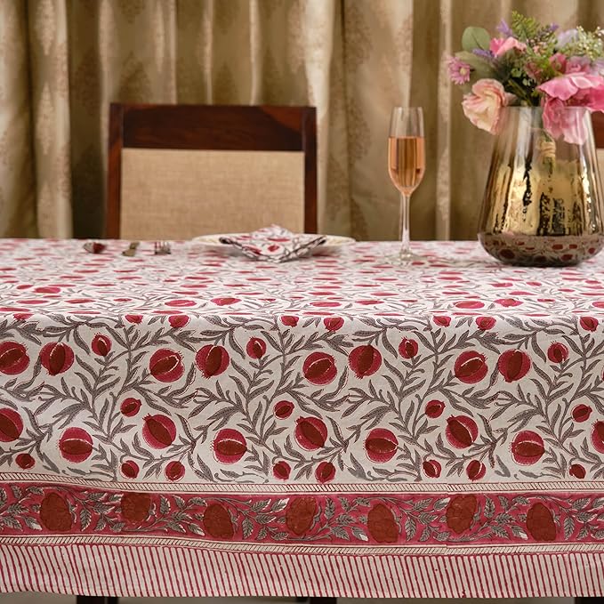 Ridhi -Sangria Red, Cotton Tablecloth, Handblock Print Floral Table Cloth for Kitchen Dining Linen I Thanksgiving, Christmas, Wedding, Fall Décor 16 Seater 72X190 Inches Rectangle