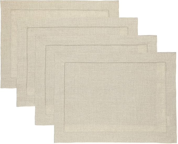 Solino Home Linen Placemats Set of 4 - Classic Hemstitch Natural Placemats 14 x 19 Inch - 100% Pure Linen Table Mats for Fall, Autumn, Thanksgiving, Christmas, Holiday