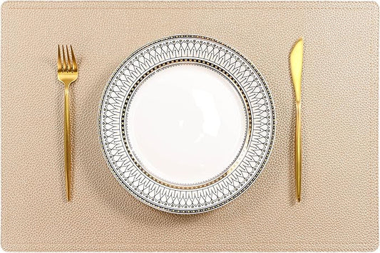 Set of 6 Faux Leather Placemats, PU Table Mats, Waterproof, Stain Resistant, Heat Resistant, Easy to Clean for Kitchen Dining Table,Conference Table C Gold Rectangle