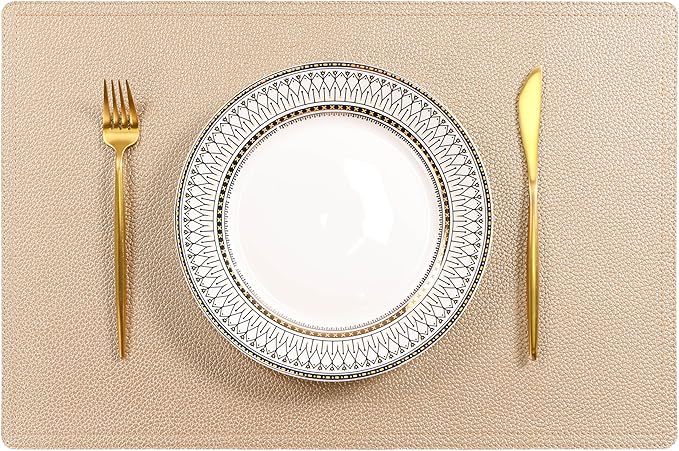 Faux Leather Gold Placemats, PU Table Mats, Set of 4, Waterproof, Heat Resistant, Non-Slip, Easy to Clean for Kitchen Dining Table,Conference Table
