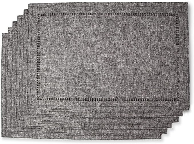 Tosewever Set of 6 Decorative Linen Placemats 12 x 18 Inches, Farmhouse Style Table Mats for Everyday Dining Wedding Party Holiday Home Decor (6 Pieces 12 x 18”, Grey/Straight)