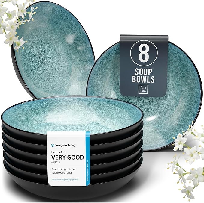 Stoneware pasta bowls set 8 pcs – 7.7" dark petrol blue ceramic plates & salad bowls – Dishwasher and microwave safe – Large soup bowls stylish set – Dinner service Pure Living