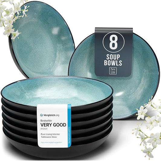 Stoneware pasta bowls set 8 pcs – 7.7" dark petrol blue ceramic plates & salad bowls – Dishwasher and microwave safe – Large soup bowls stylish set – Dinner service Pure Living