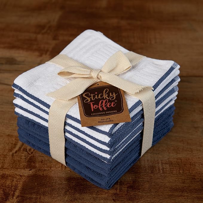 Sticky Toffee Cotton Dishcloths Set of 8, Dark Blue and White, 12 x 12 in, Absorbent Reusable Tea Towels and Cleaning Cloths, Oeko-Tex Cotton
