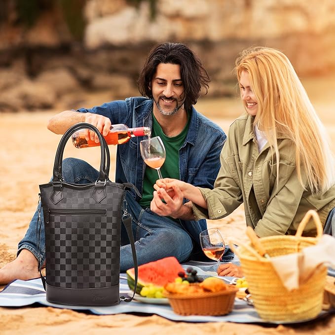 Tirrinia Insulated Wine Gift Carrier Tote - Travel Padded 2 Bottle Wine/Champagne Cooler Bag for Portable Wine Bottle Carrying Case, Women Men Wine Party Bag for Event,BYOB,Beach, Gift for Wine