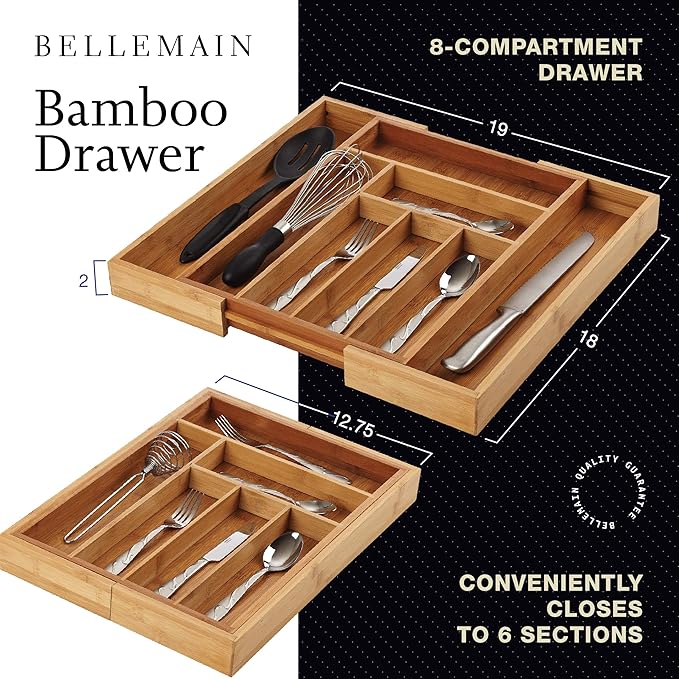 Bellemain Expandable Bamboo Drawer Organizer - Large Kitchen Utensil Holder for Cutlery, Silverware, Flatware Storage - Utensil Organizer for Kitchen Drawers, Desk, Junk Drawer Organizer Tray, 8-Slot