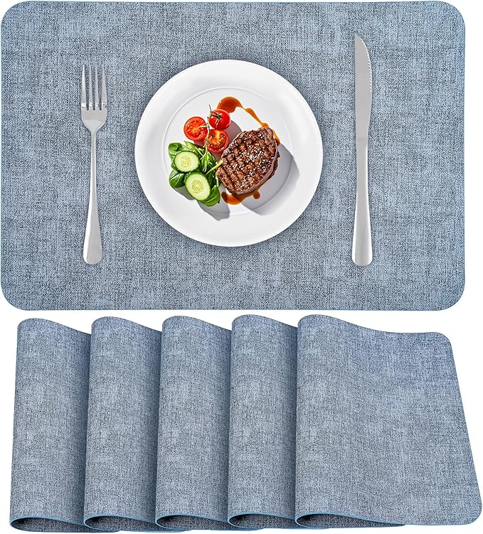 Vinly Placemats Set of 6 - Waterproof Wipeable Faux Leather Table Place Mats Heat Resistant Anti Slip Table Mats for Dining, Indoor, Outdoor, 15.8" x 11.8" (Blue,)