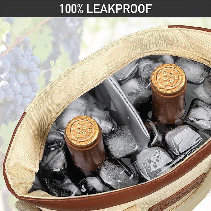 opux Two Bottle Wine Bag Carrier Tote, Insulated Leakproof 2 Bottle Wine Cooler Bag for Travel BYOB Picnic, Portable Wine Case, Gift for Men Women Wine Lover Birthday Party Christmas, Cream Beige