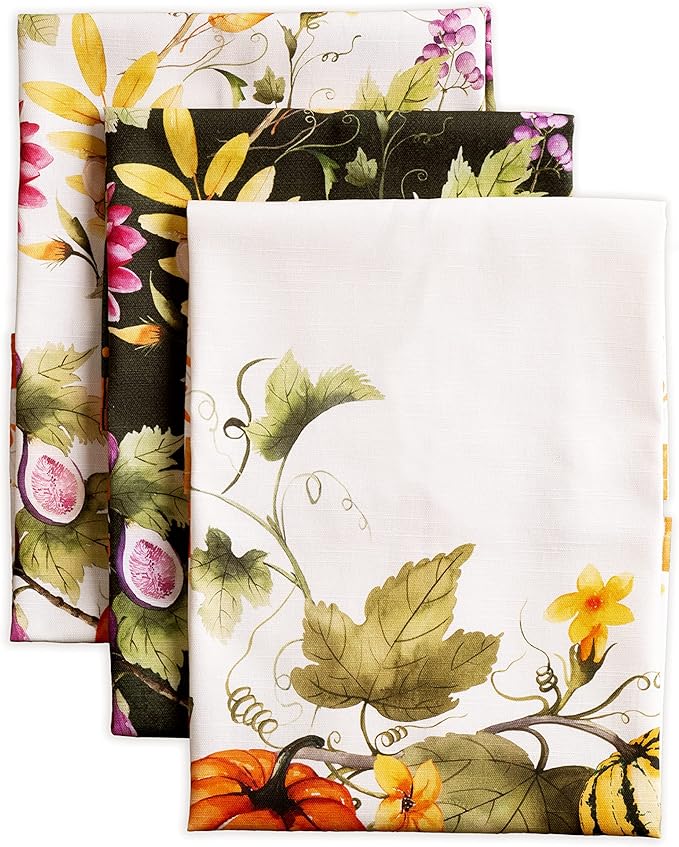 Maison d' Hermine Kitchen Towels Set of 3 100% Cotton 20" x 27.5" Reusable Cloth Tea Dish Towels Absorbent with Hanging Loop for Thanksgiving Christmas Decorations (Pumpkin Garden - Cloudy Cream)