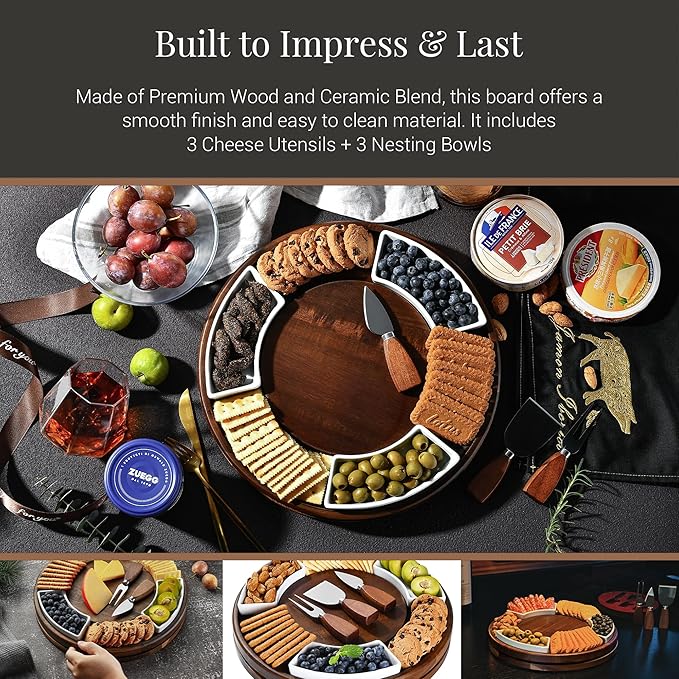 Shanik Acacia Wood Lazy Susan Cheese Board Set – Rotating Charcuterie Platter, Elegant Serving Tray for Appetizers, Snacks, Parties & Weddings