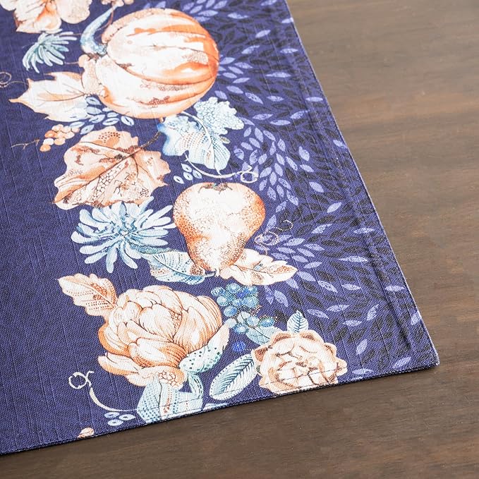 Maison d' Hermine Placemats Set of 4 100% Cotton Washable Cloth Place Mats, Reusable Table Mats for Thanksgiving Christmas Decorations Kitchen Dining Party Wedding (Pumpkin Blues, 13" x 19")