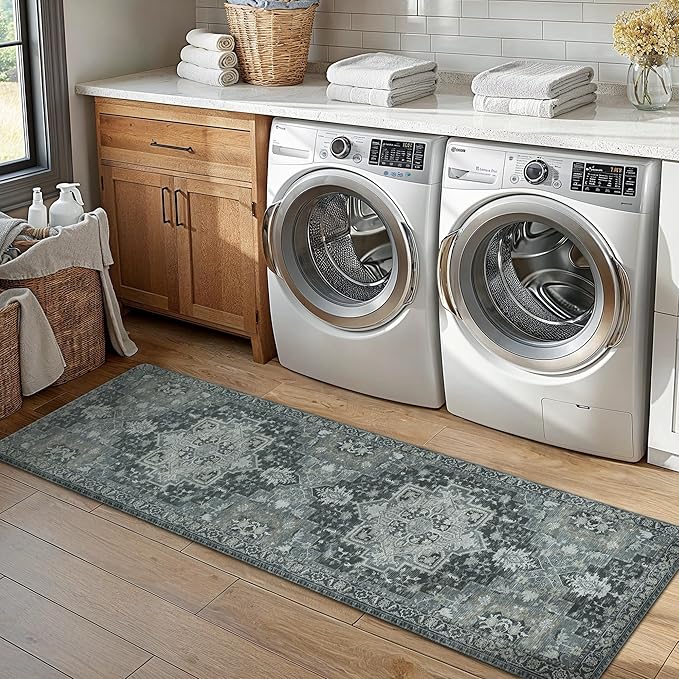 GENIMO Kitchen Mats for Floor 2PCs, Washable Anti Fatigue Mat for Cushioned, 17.3"x59"+17.3"x30", Waterproof Kitchen Rugs, Non Slip Comfort Standing Mat Rug for Home, Sink, Laundry, Dark Gray