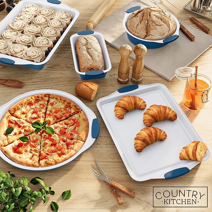 Country Kitchen Nonstick Stackable Bakeware Set - Heavy Duty, Durable, Easy Release Baking Set, Navy, 10 Pcs