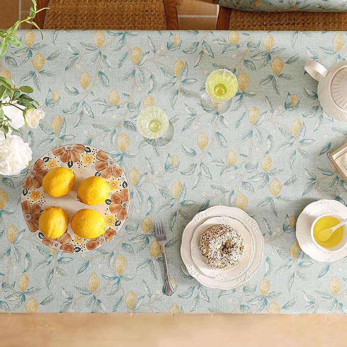 patdrea Designer Green Tablecloth for Rectangle Tables,Vintage Linen with Yellow Fruits Pattern Tablecloths,Cottage Rustic Table Cover Cloth Decor for Kitchen Dining Christmas,63"*87"