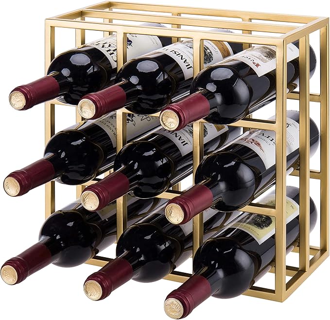 MyGif Brass Wine Rack for 9 Bottles - Modern Metal Tabletop Holder, Horizontal Storage for Kitchen, Bar & Dining Room - Rustic Industrial Decor with Gold Finish