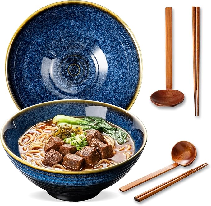 8 Inch Ceramic Ramen Bowl Set of 2, 40oz Japanese Bowls with Spoons & Chopsticks,Durable,Microwave & Dishwasher Safe,Perfect for Ramen,Pho,Salad,Soup,Noodles，Mixing bowls（Blue Topaz）