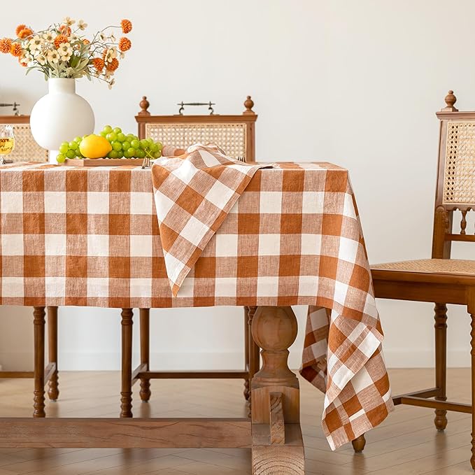 Linen World Checkered Tablecloth – Buffalo Plaid Linen Tablecloth 120" x 60" Inch,100% French Flax Table Cloth for Dining Table,Weddings,Thanksgiving & Christmas Decor,Rust Checkered