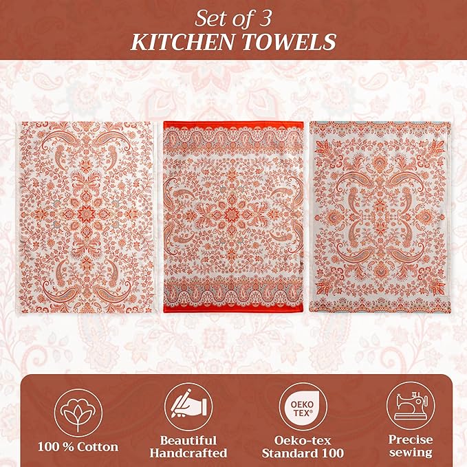 Maison d' Hermine Kitchen Towels Set of 3 100% Cotton 20" x 27.5" Reusable Cloth Tea Dish Towels Absorbent with Hanging Loop for Kitchen Dining Thanksgiving Christmas Decorations (Cachemire)