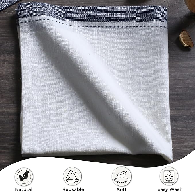 Ramanta Home Cloth Napkins Set of 12 Textured Cotton 18x18 - Premium Contrast Border Thanksgiving Dinner Napkins for Christmas Farmhouse Wedding, Soft Washable Table Linen for Everyday Use - White