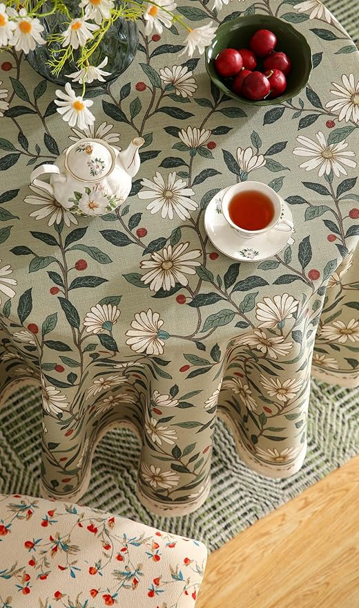 French Tablecloth for Round Tables,Linen Table Cloth with Colorful Flowers and Leaves Pattern,Heavy Durable Table Cover for Dining Kitchen Decor Party Banquet Christmas,Diameter 55"