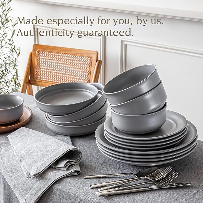 over&back Rim Dinnerware Set - Stoneware Dishes - Comes with 4 Dinner Plates, Salad Plates, Cereal Bowls, and Dinner Bowls - 16-Piece All-Occasion Place Settings - Serves Four - Semi-Matte Charcoal