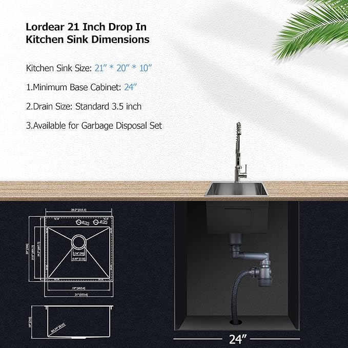 Lordear Drop In Bar Sink 21x20x10 Inch Topmount Bar Prep Kitchen Sink16 Gauge Single Bowl Stainless Steel Indoor Outdoor Island Small Kitchen Sink