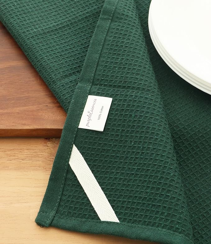 PurpleEssences Waffle Weave Kitchen Towel, 100% Cotton - 15x25 Inches, with Hanging Loop Ultra Soft Absorbent Quick Drying Dish Cloth, Tea and Hand Towels, 6 Pack - Christmas Holiday Winter - Green