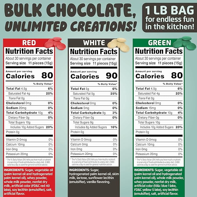 Holiday Melting Chocolate Discs, Red, Green & White, Chocolate Melts for Coating, Dipping & Candy Decorating, Bulk Chocolate Wafer Candy Melts, 5 Pack (2 Red, 2 Green, 1 White), 1 lb Each