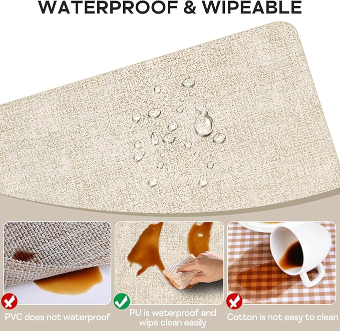 Vinly Placemats Set of 6 - Waterproof Wipeable Faux Leather Table Place Mats Heat Resistant Anti Slip Table Mats for Dining, Indoor, Outdoor, 15.8" x 11.8" (Beige)