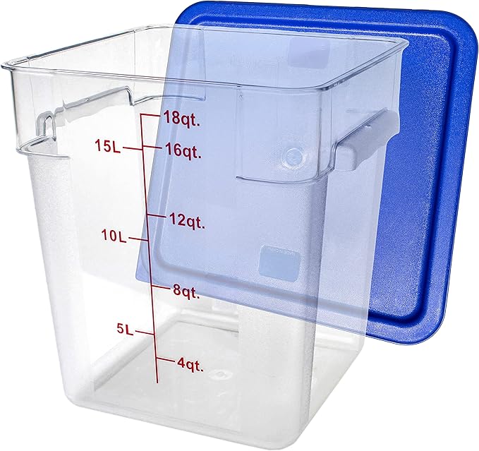 Tiger Chef 18 Quart Commercial Grade Clear Food Storage Square Polycarbonate Containers With Blue Lids